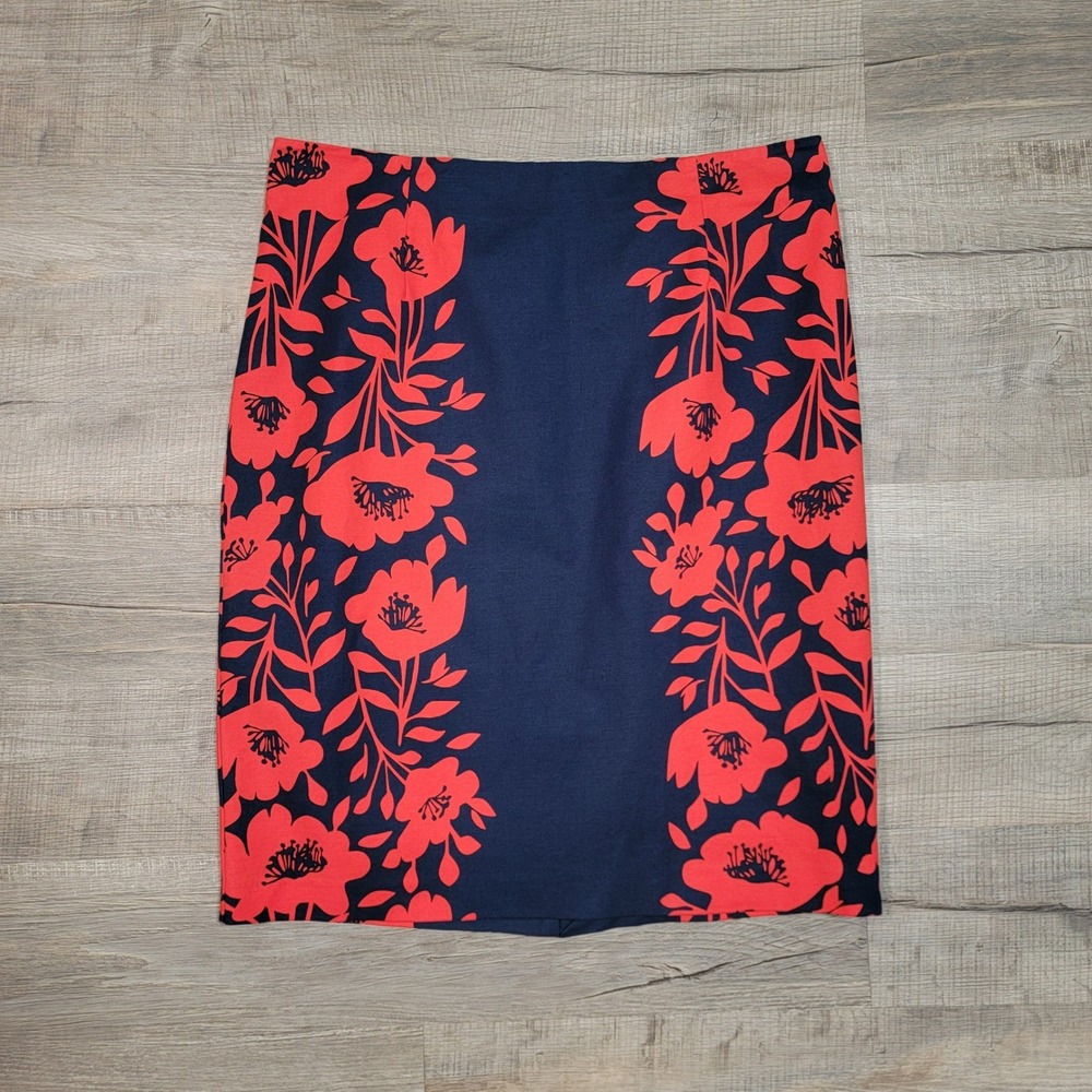 Boden Womens Navy Blue Red Floral Cotton Blend Pencil Midi Skirt Size US 16R